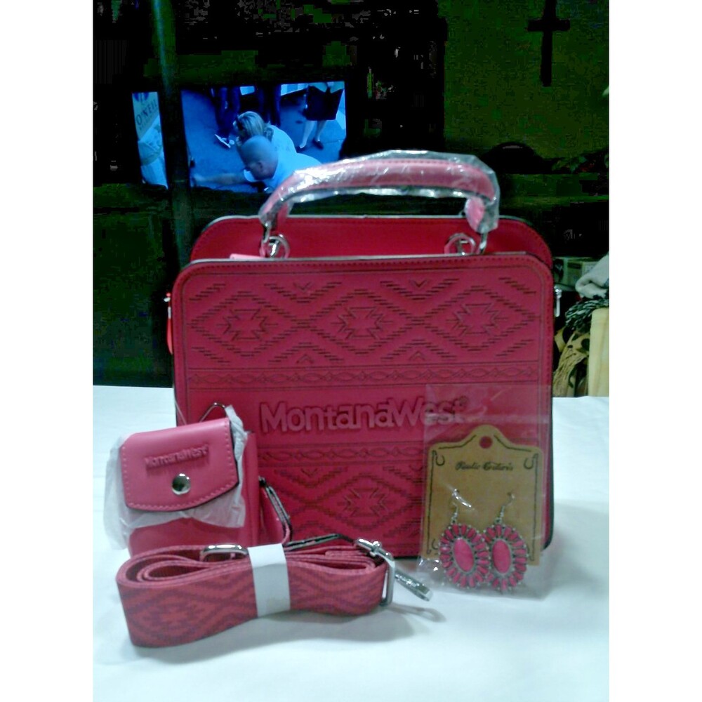 Pink Montana West Embroidered Aztec Tote Bag w/ Coin bag, Earings, Shoulder Strp - Picture 12 of 14